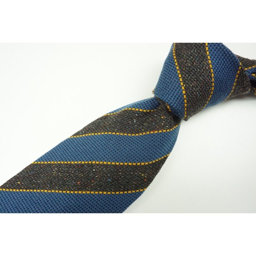 Cesare Attolini Cobalt Blue Brown Gold Striped Woven Wool Blend Tie BRAND NEW